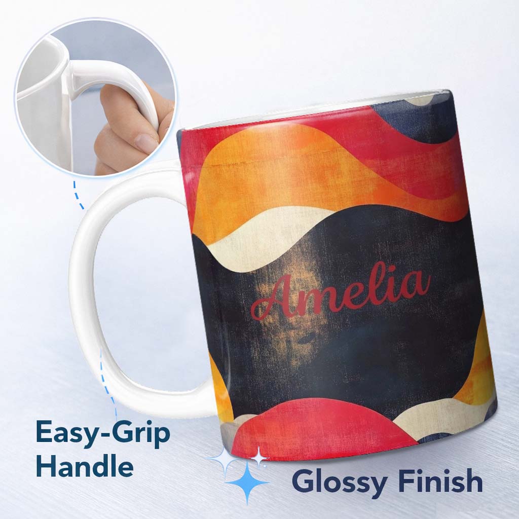 Personalized Custom Name Abstract Textured Wave Layers Warm Earth Tone Seamless Pattern Name 11oz Ceramic Coffee Tea Mug White Large Handle
