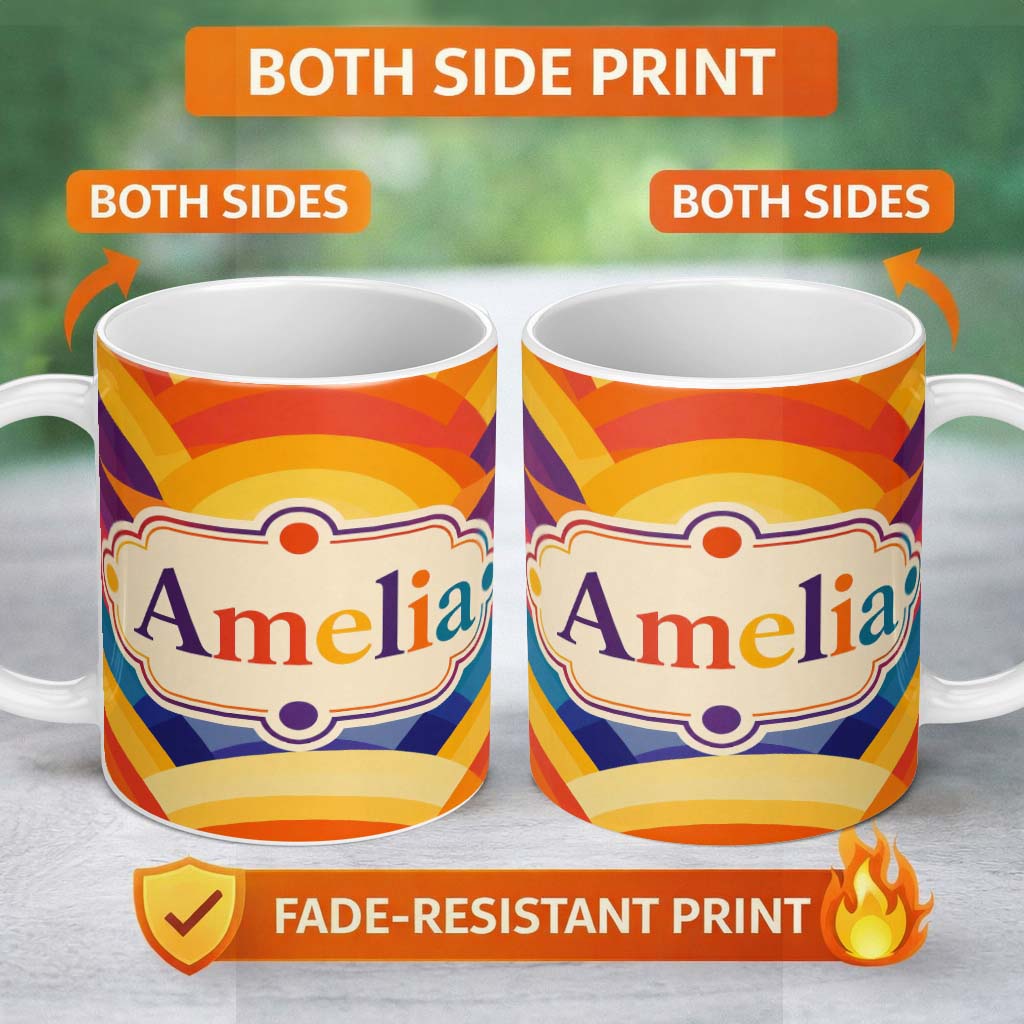 Personalized Custom Name Abstract Rainbow Landscape Curved Layers Style Seamless Pattern 11oz Ceramic Coffee Tea Mug White Large Handle