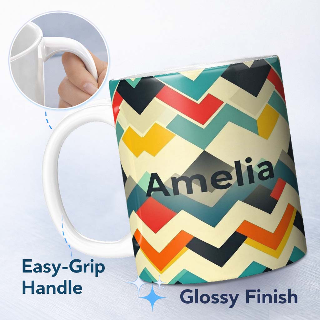 Personalized Custom Name Abstract Zigzag Geometric Shapes Bold Color Blocks Seamless Pattern 11oz Ceramic Coffee Tea Mug White Large Handle