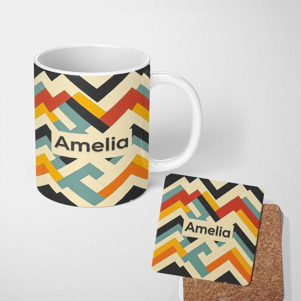 Personalized Custom Name Abstract Chevron Pattern Layered Geometric Modern Style Seamless 11oz Ceramic Coffee Tea Mug White Large Handle