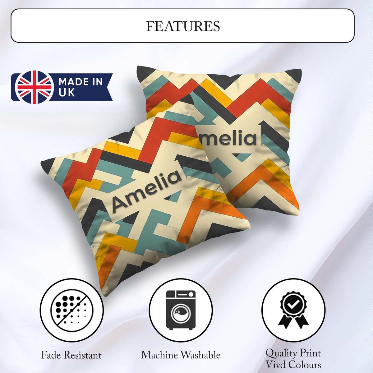 Custom Name Abstract Chevron Pattern Layered Geometric Seamless Square Filled Cushion Throw Pillow Sofa Bed Home Decor Zip Washable UK Made