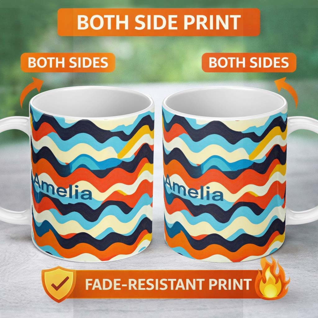 Personalized Custom Name Abstract Flowing Wave Layers Colorful Seamless Pattern Name Cute 11oz Ceramic Coffee Tea Mug White Large Handle