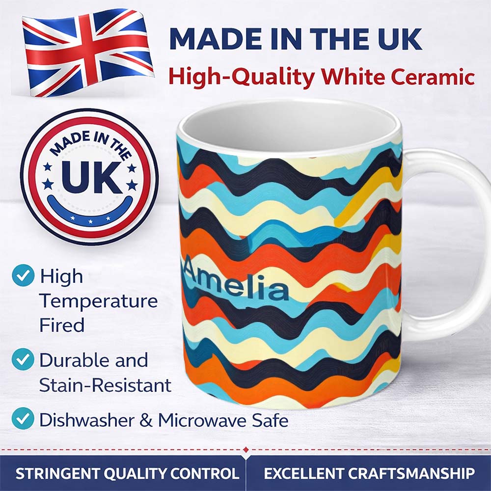 Personalized Custom Name Abstract Flowing Wave Layers Colorful Seamless Pattern Name Cute 11oz Ceramic Coffee Tea Mug White Large Handle