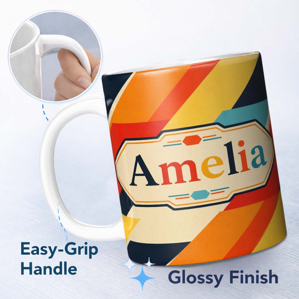 Personalized Custom Name Abstract Geometric Diagonal Color Blocks Modern Art Seamless 11oz Ceramic Coffee Tea Mug White Large Handle