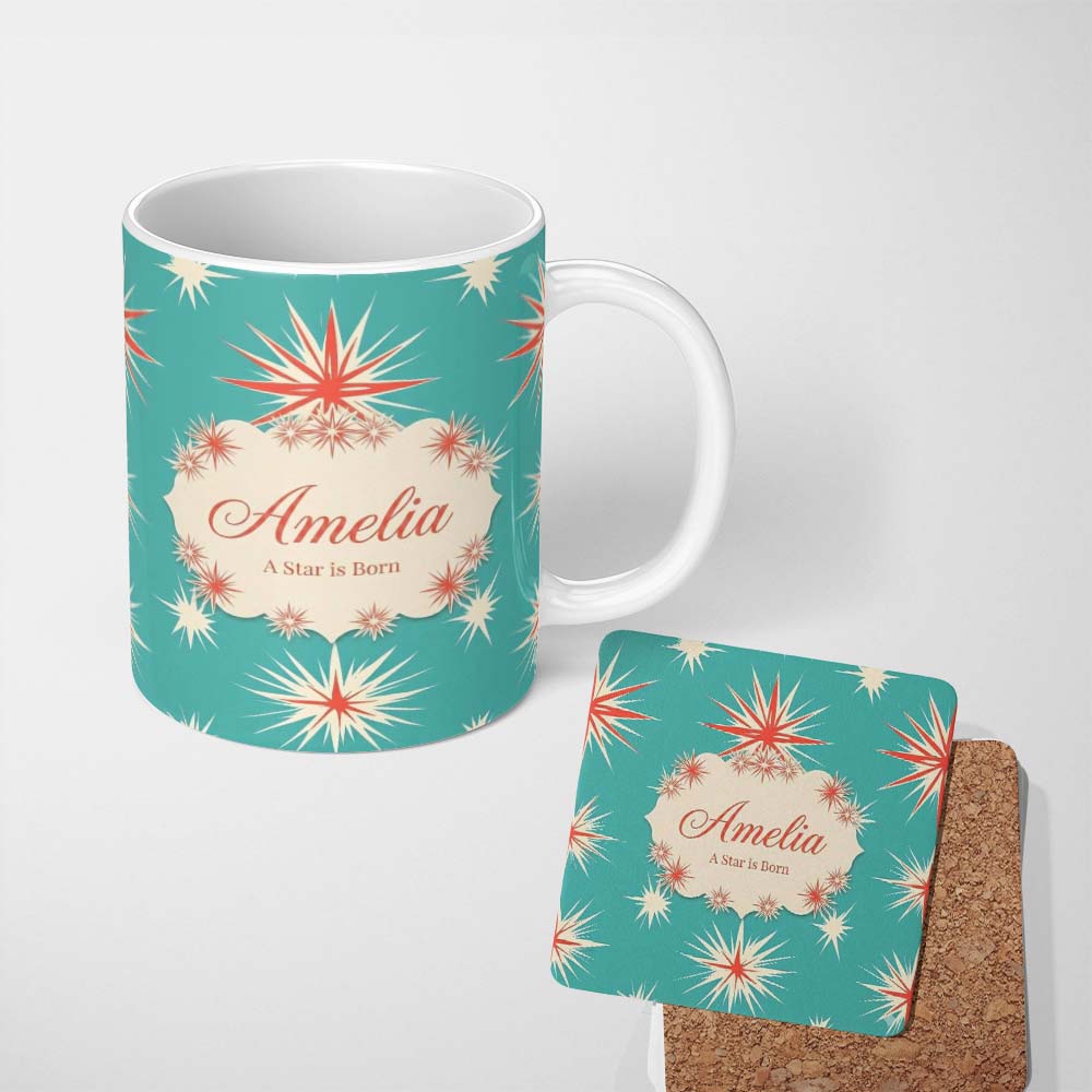 Personalized Custom Name Abstract Large Starburst Shapes Minimal Seamless Pattern Name Cute 11oz Ceramic Coffee Tea Mug White Large Handle
