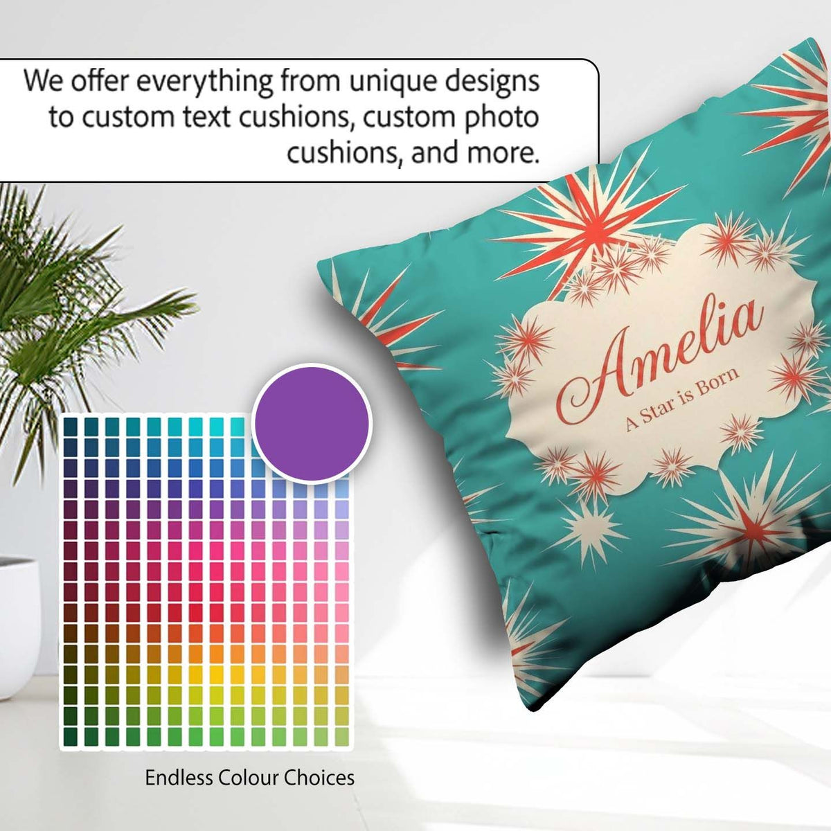 Custom Name Abstract Large Starburst Shapes Minimal Pattern Name Square Filled Cushion Throw Pillow Sofa Bed Home Decor Zip Washable UK Made