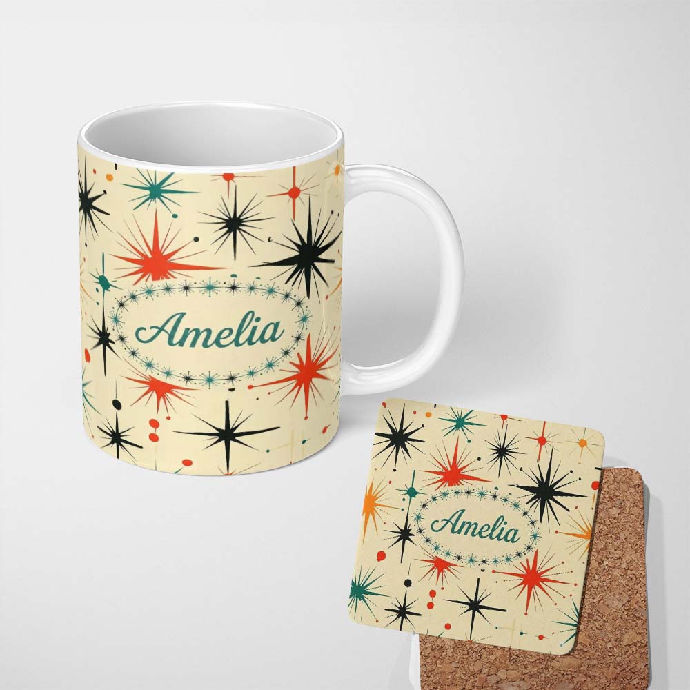 Personalized Custom Name Abstract Atomic Starburst Mid Century Modern Seamless Pattern Name 11oz Ceramic Coffee Tea Mug White Large Handle