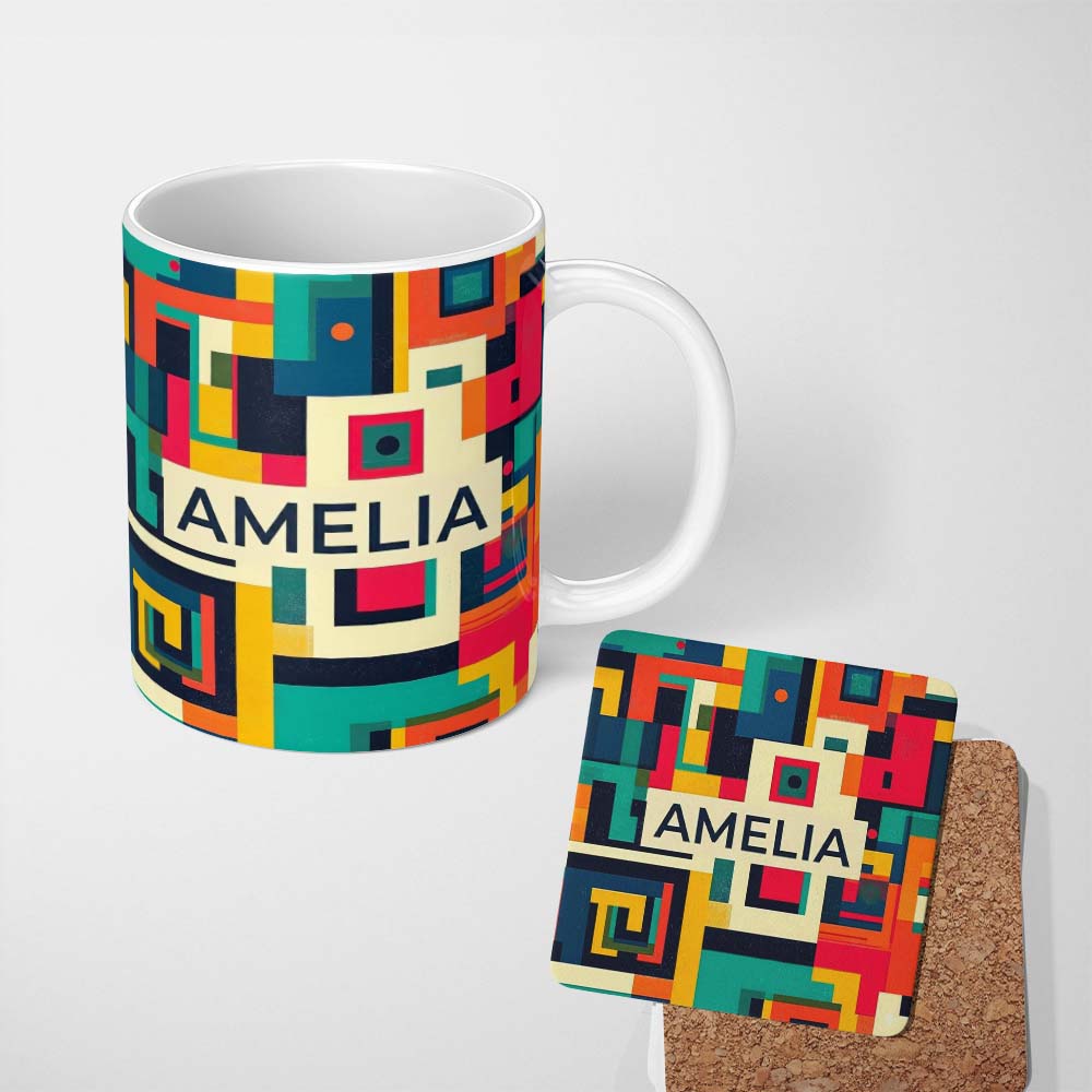 Personalized Custom Name Abstract Colorful Geometric Blocks Modern Art Seamless Pattern Name 11oz Ceramic Coffee Tea Mug White Large Handle