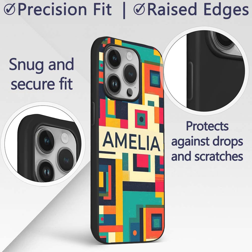 Abstract Colorful Geometric Blocks Modern Art Custom Name Protective Phone Case Mobile Cover Durable Everyday Smartphone Shock Resistant