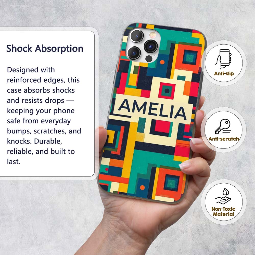 Abstract Colorful Geometric Blocks Modern Art Custom Name Protective Phone Case Mobile Cover Durable Everyday Smartphone Shock Resistant