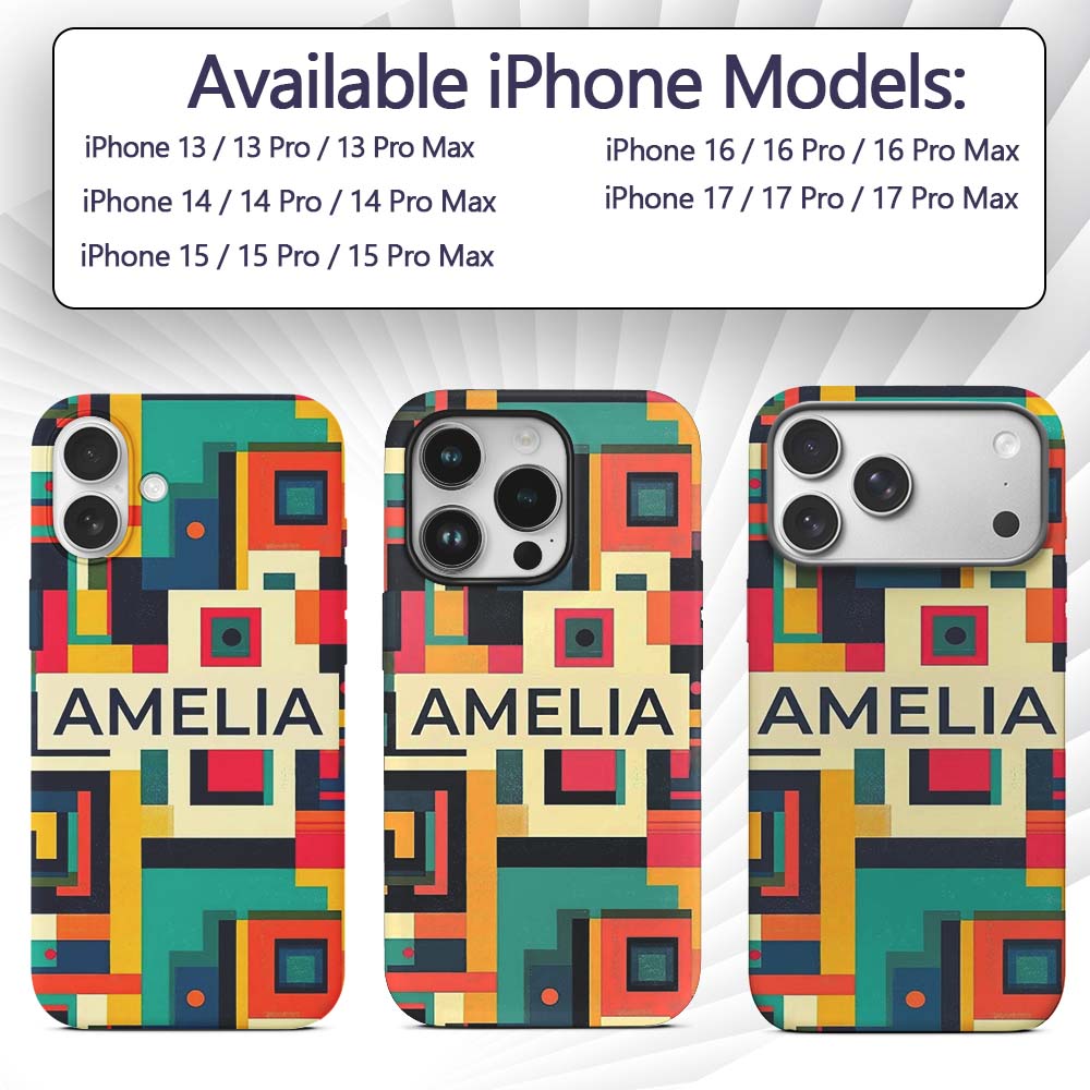 Abstract Colorful Geometric Blocks Modern Art Custom Name Protective Phone Case Mobile Cover Durable Everyday Smartphone Shock Resistant