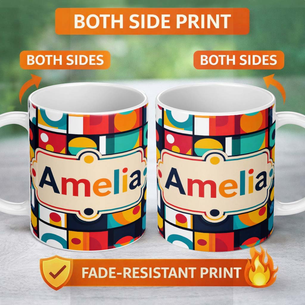 Personalized Custom Name Abstract Circular Geometric Shapes Grid Seamless Pattern Name Cute 11oz Ceramic Coffee Tea Mug White Large Handle