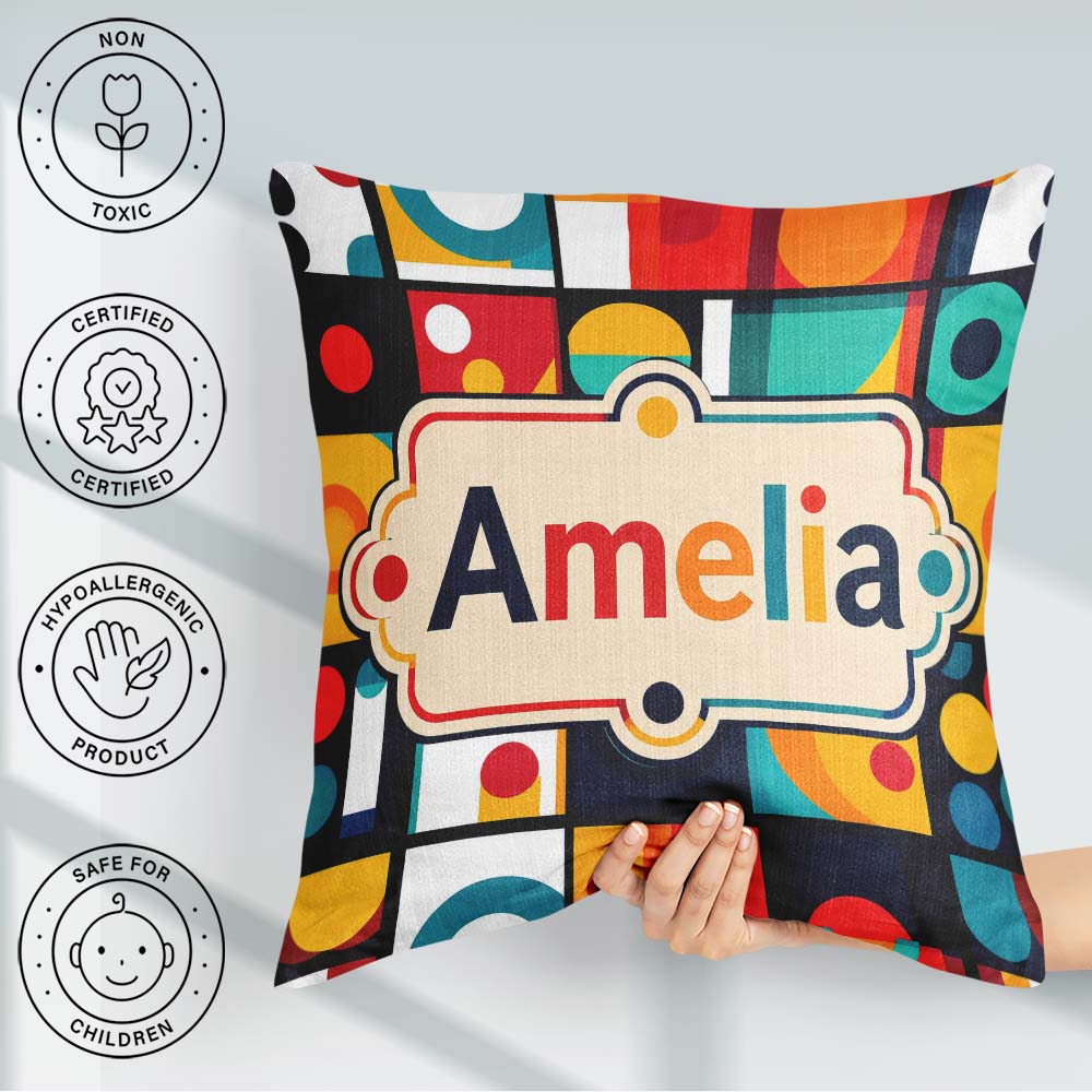 Custom Name Abstract Circular Geometric Shapes Grid Pattern Name Square Filled Cushion Throw Pillow Sofa Bed Home Decor Zip Washable UK Made
