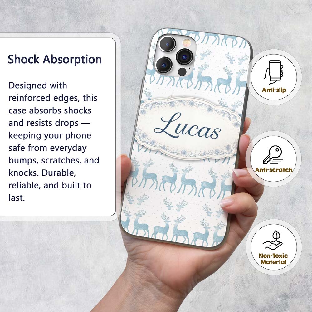 Blue Glitter Reindeer Christmas White Background Custom Name Protective Phone Case Mobile Cover Durable Everyday Smartphone Shock Resistant