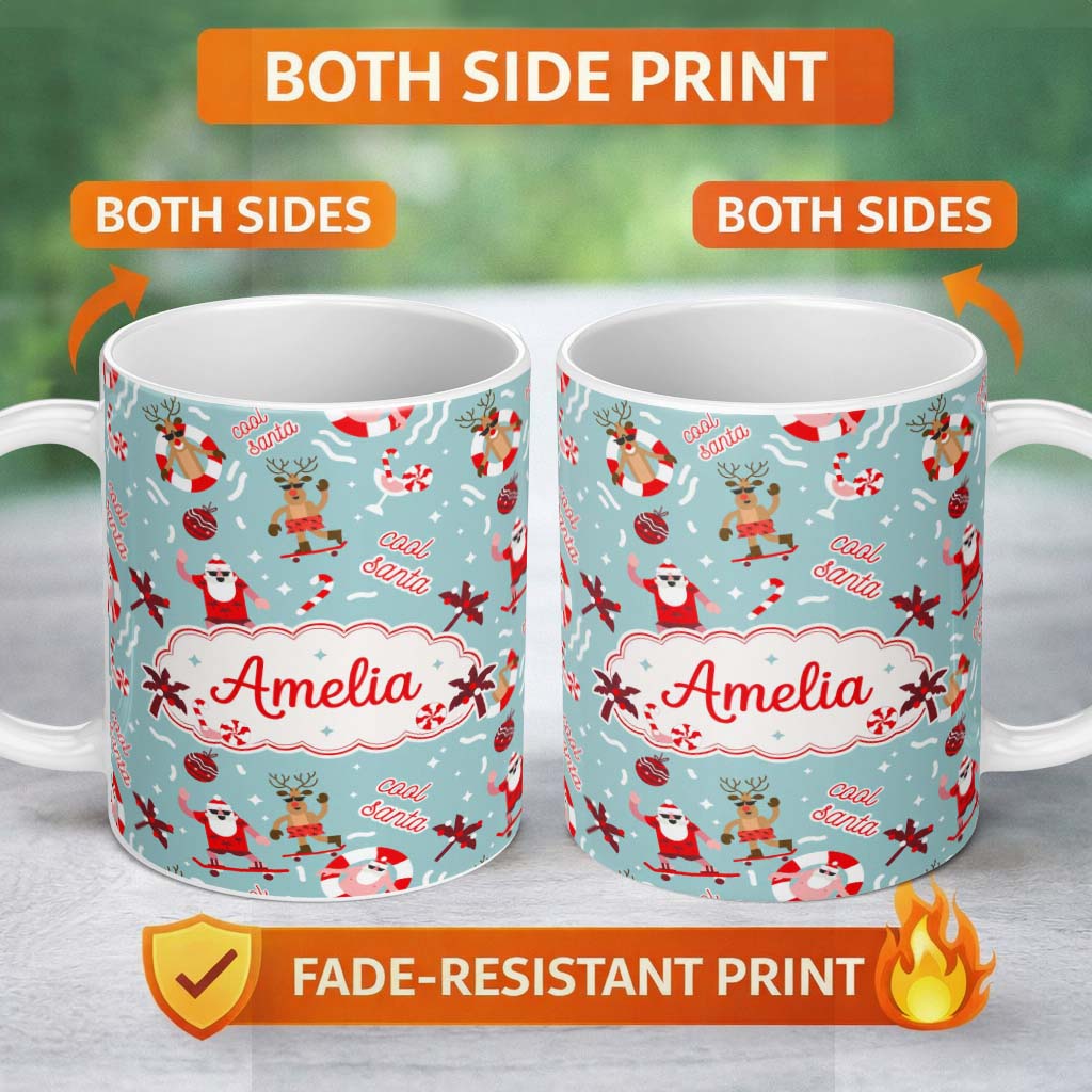 Personalized Custom Name Cool Santa Reindeer Skateboard Christmas Seamless Pattern Lovely 11oz Ceramic Coffee Tea Mug White Large Handle