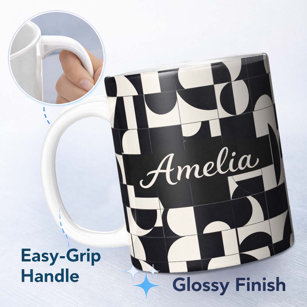 Personalized Custom Name Abstract Cutout Grid Black Cream Modern Geometric Pattern Lovely 11oz Ceramic Coffee Tea Mug White Large Handle