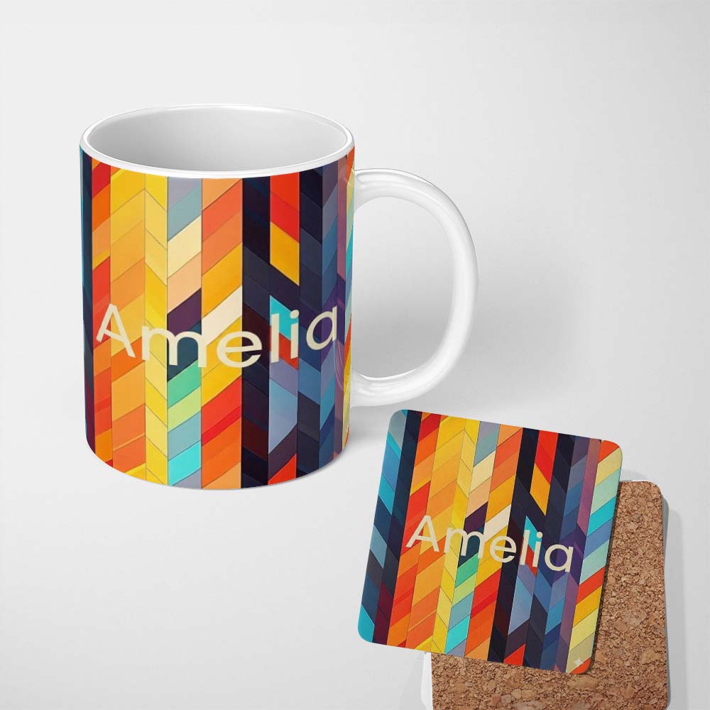 Personalized Custom Name Abstract Vertical Geometric Stripes Colorful Modern Seamless 11oz Ceramic Coffee Tea Mug White Large Handle
