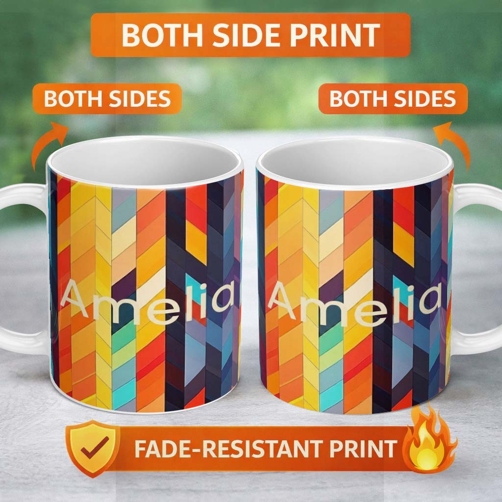 Personalized Custom Name Abstract Vertical Geometric Stripes Colorful Modern Seamless 11oz Ceramic Coffee Tea Mug White Large Handle