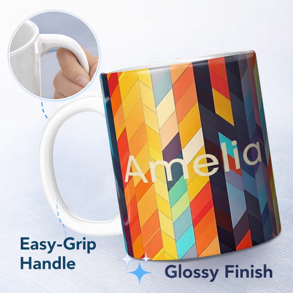 Personalized Custom Name Abstract Vertical Geometric Stripes Colorful Modern Seamless 11oz Ceramic Coffee Tea Mug White Large Handle