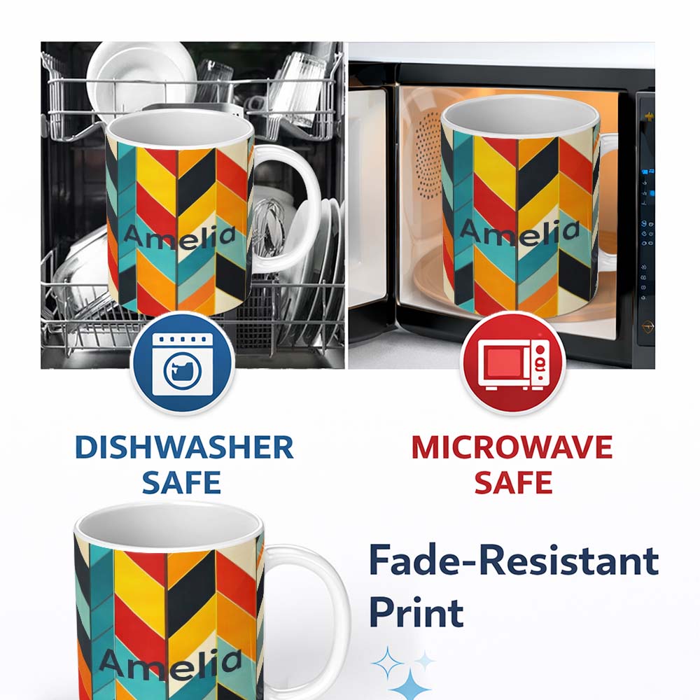 Personalized Custom Name Abstract Feather Chevron Stripes Colorful Seamless Pattern Name Cute 11oz Ceramic Coffee Tea Mug White Large Handle