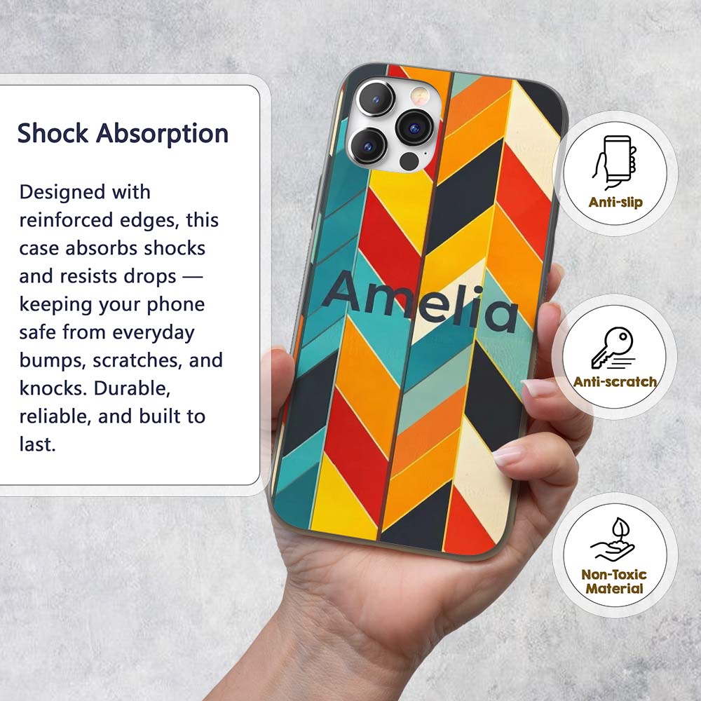 Abstract Feather Chevron Stripes Printed Design Custom Name Protective Phone Case Mobile Cover Durable Everyday Smartphone Shock Resistant