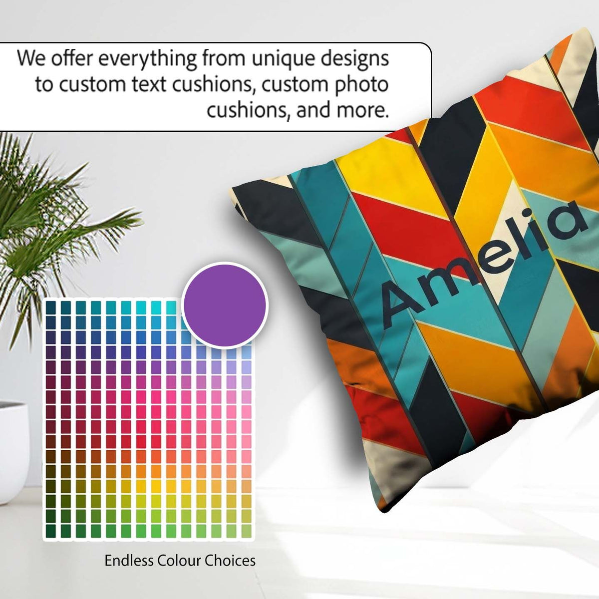 Custom Name Abstract Feather Chevron Colorful Seamless Name Cute Square Filled Cushion Throw Pillow Sofa Bed Home Decor Zip Washable UK Made