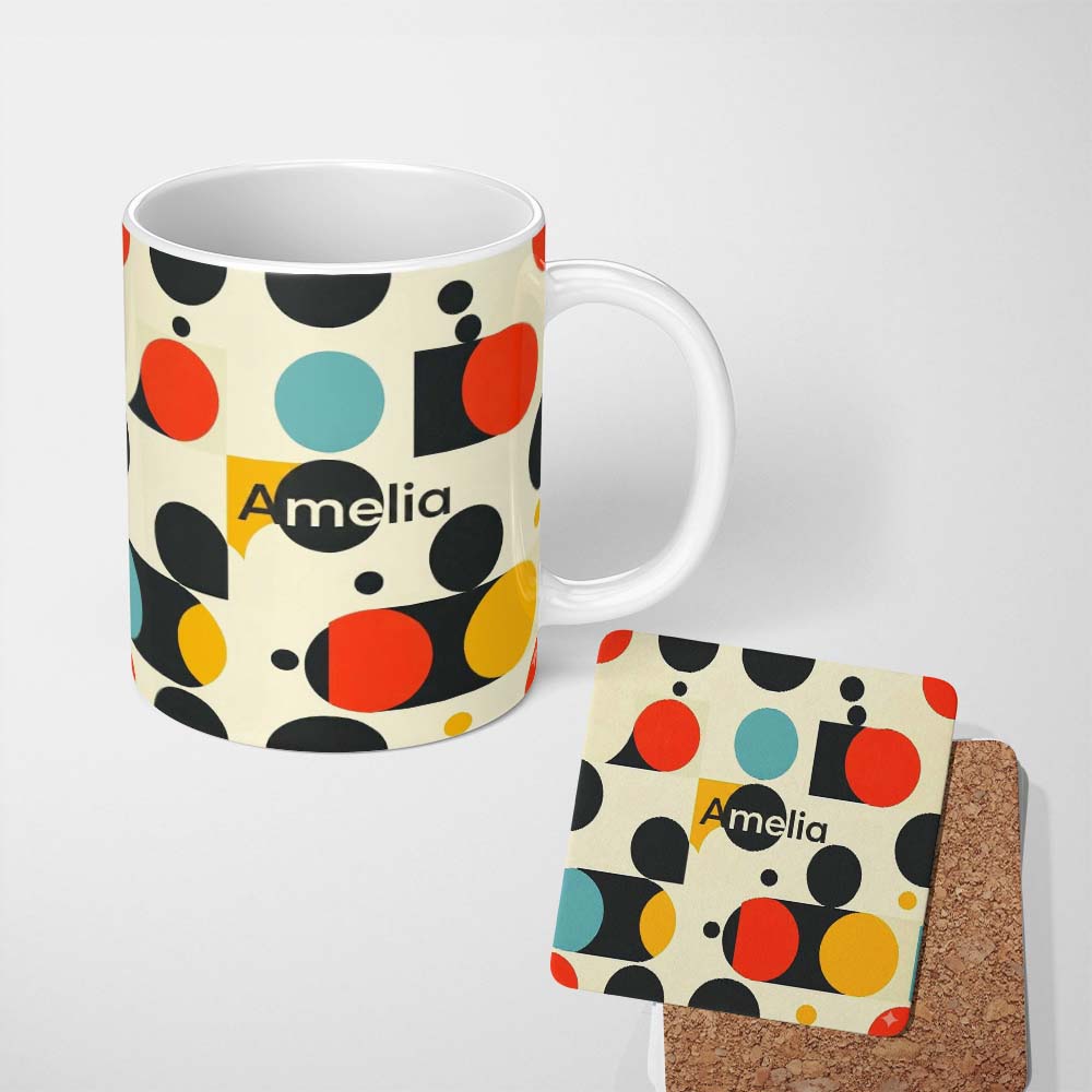 Personalized Custom Name Abstract Bold Circle Shapes Mid Century Modern Seamless Pattern 11oz Ceramic Coffee Tea Mug White Large Handle