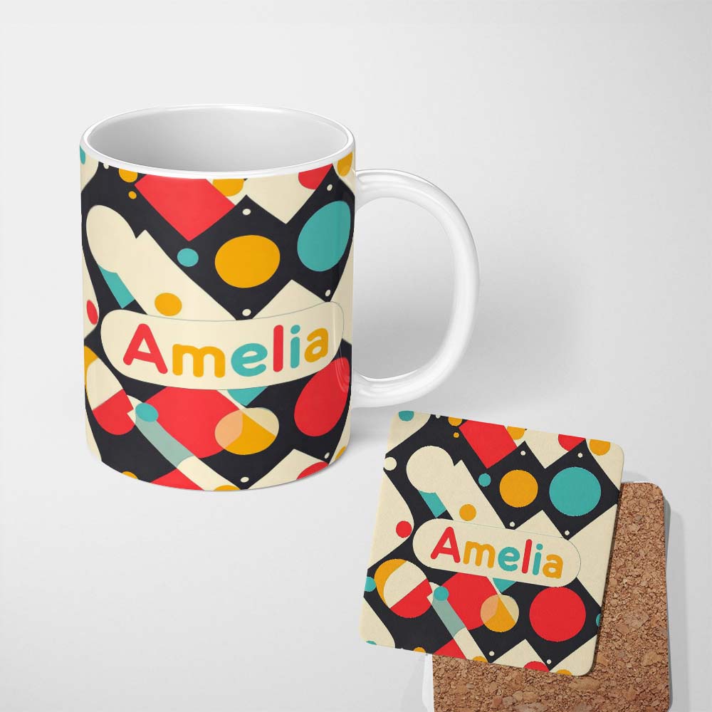 Personalized Custom Name Abstract Geometric Shapes Colorful Modern Seamless Pattern Name Cute 11oz Ceramic Coffee Tea Mug White Large Handle