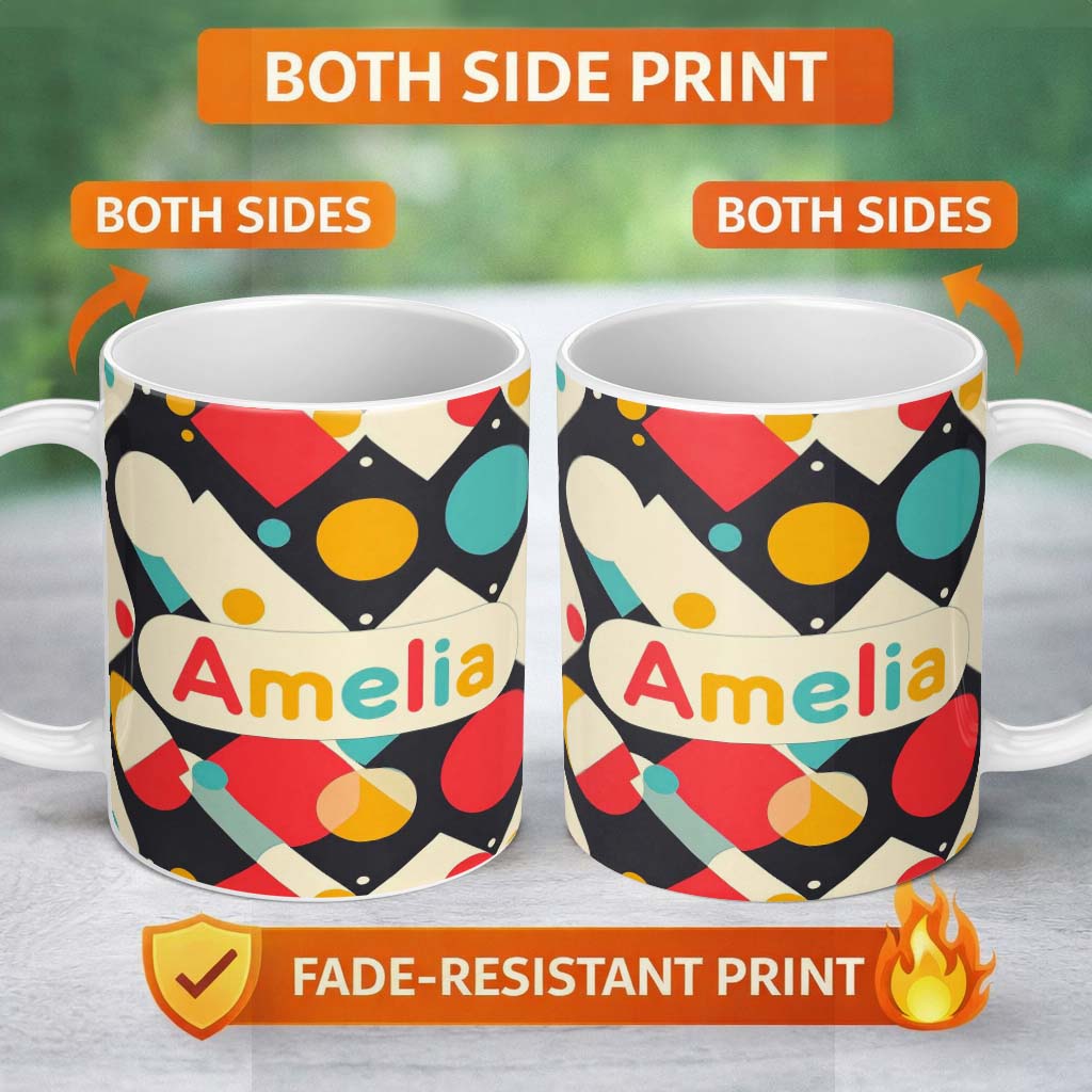 Personalized Custom Name Abstract Geometric Shapes Colorful Modern Seamless Pattern Name Cute 11oz Ceramic Coffee Tea Mug White Large Handle
