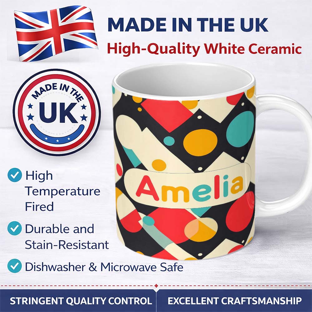 Personalized Custom Name Abstract Geometric Shapes Colorful Modern Seamless Pattern Name Cute 11oz Ceramic Coffee Tea Mug White Large Handle