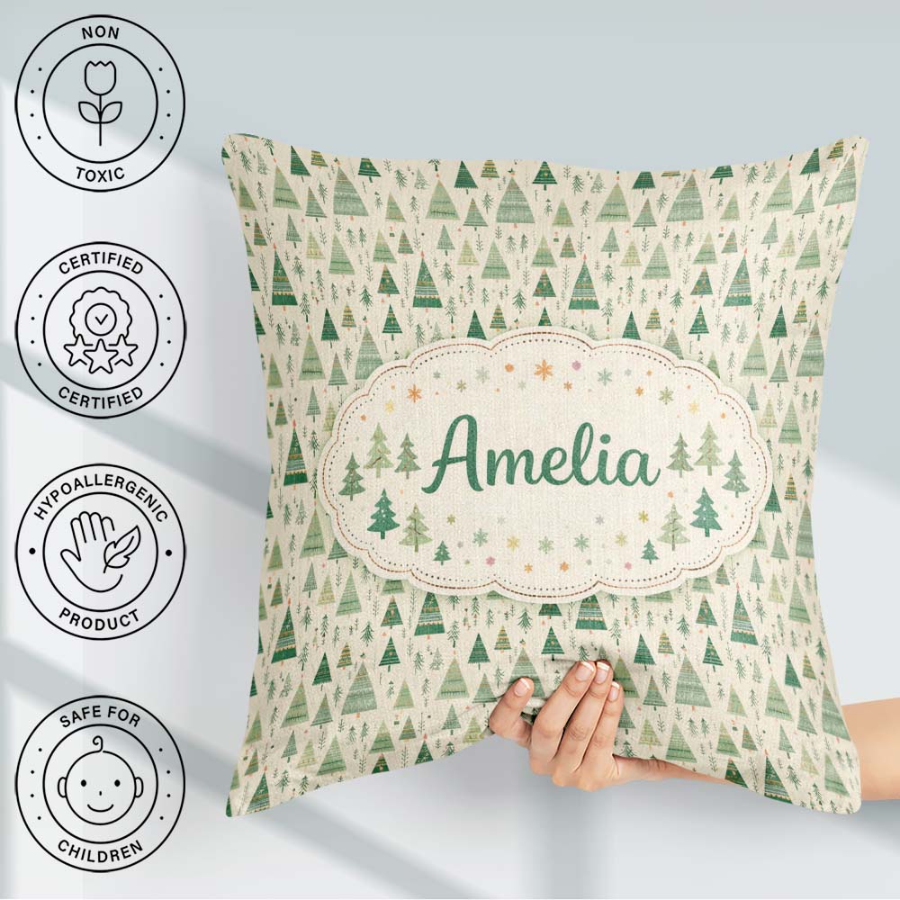 Custom Name Textured Forest Pine Trees Painterly Seamless Lovely Square Filled Cushion Throw Pillow Sofa Bed Home Decor Zip Washable UK Made