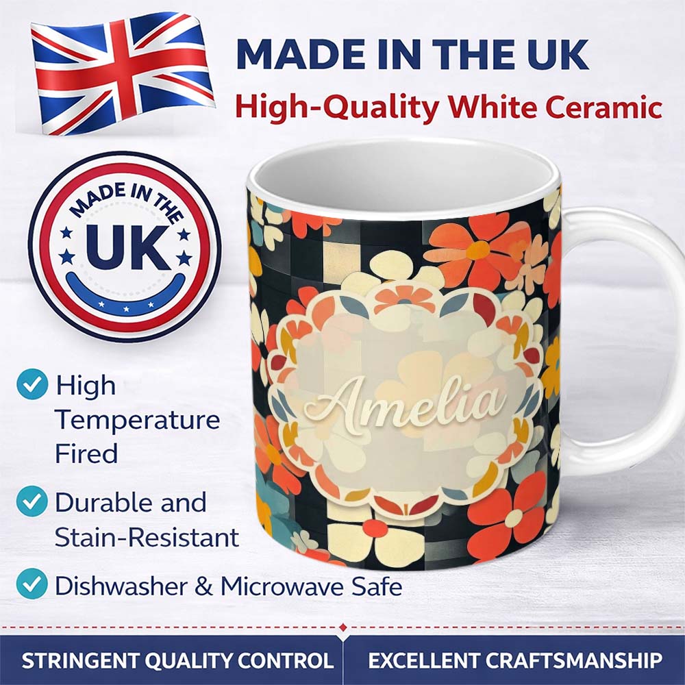 Personalized Custom Name Abstract Floral Daisy Pattern Dark Background Seamless Name Cute 11oz Ceramic Coffee Tea Mug White Large Handle