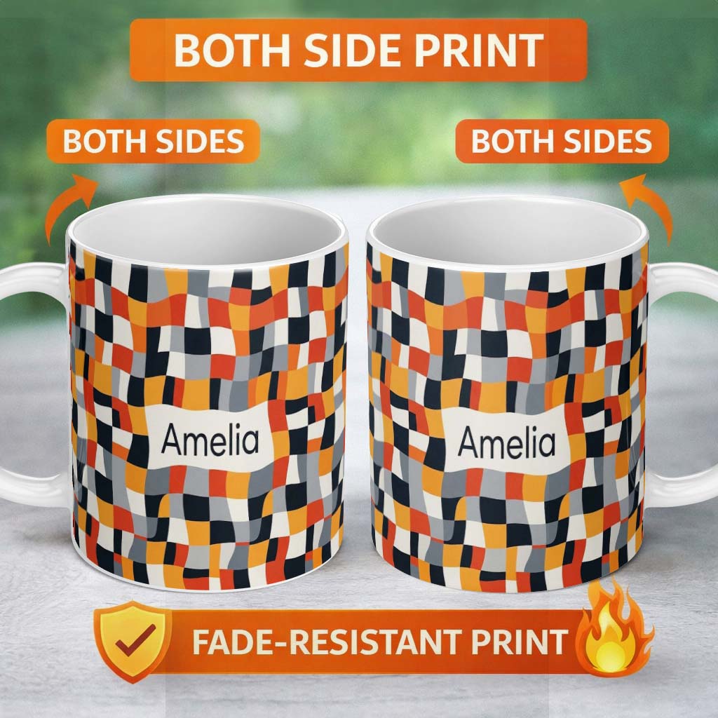 Personalized Custom Name Abstract Organic Curved Shapes Color Blocks Seamless Pattern Name 11oz Ceramic Coffee Tea Mug White Large Handle