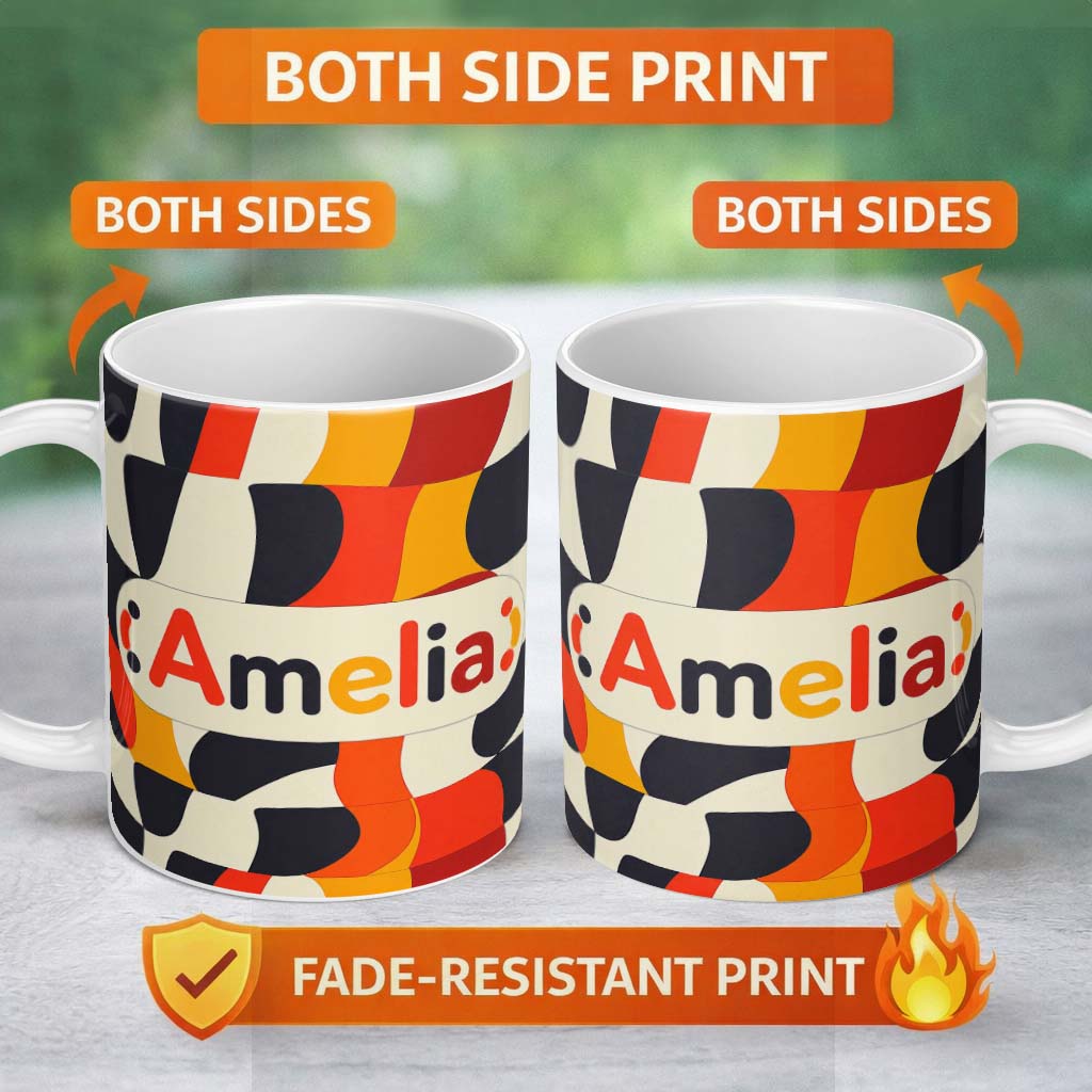 Personalized Custom Name Abstract Wavy Checkerboard Pattern Bold Colors Seamless Name Cute 11oz Ceramic Coffee Tea Mug White Large Handle