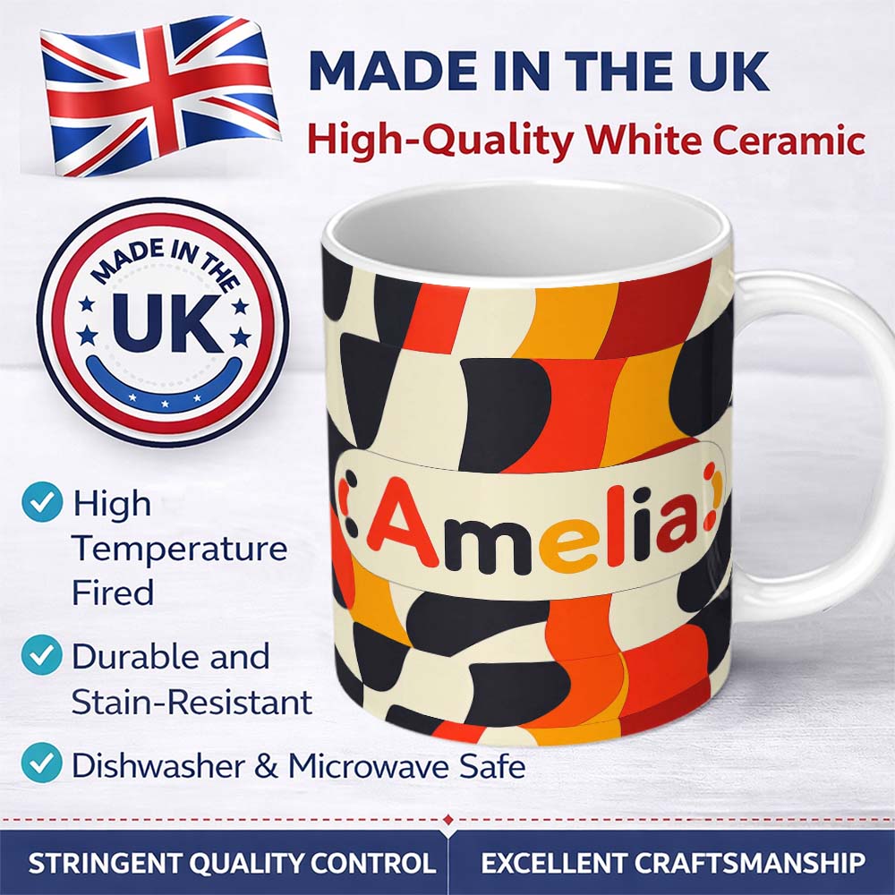 Personalized Custom Name Abstract Wavy Checkerboard Pattern Bold Colors Seamless Name Cute 11oz Ceramic Coffee Tea Mug White Large Handle