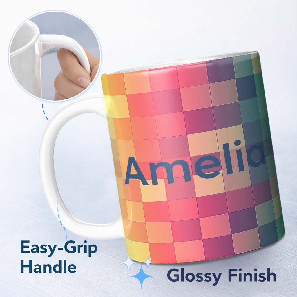 Personalized Custom Name Abstract Gradient Square Tiles Soft Color Grid Seamless Pattern 11oz Ceramic Coffee Tea Mug White Large Handle