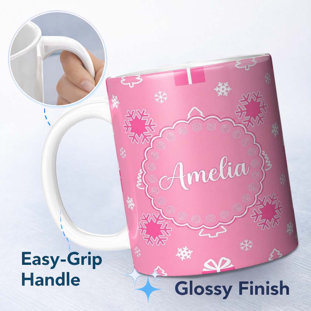 Personalized Custom Name Simple Pink Snowflake Tree Gift Winter Seamless Pattern Lovely 11oz Ceramic Coffee Tea Mug White Large Handle