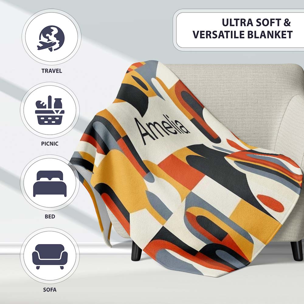 Abstract Rounded Geometric Blocks Colorful Seamless Pattern Name Personalised Custom Name Super Soft Fleece Blanket Bed Sofa Throw