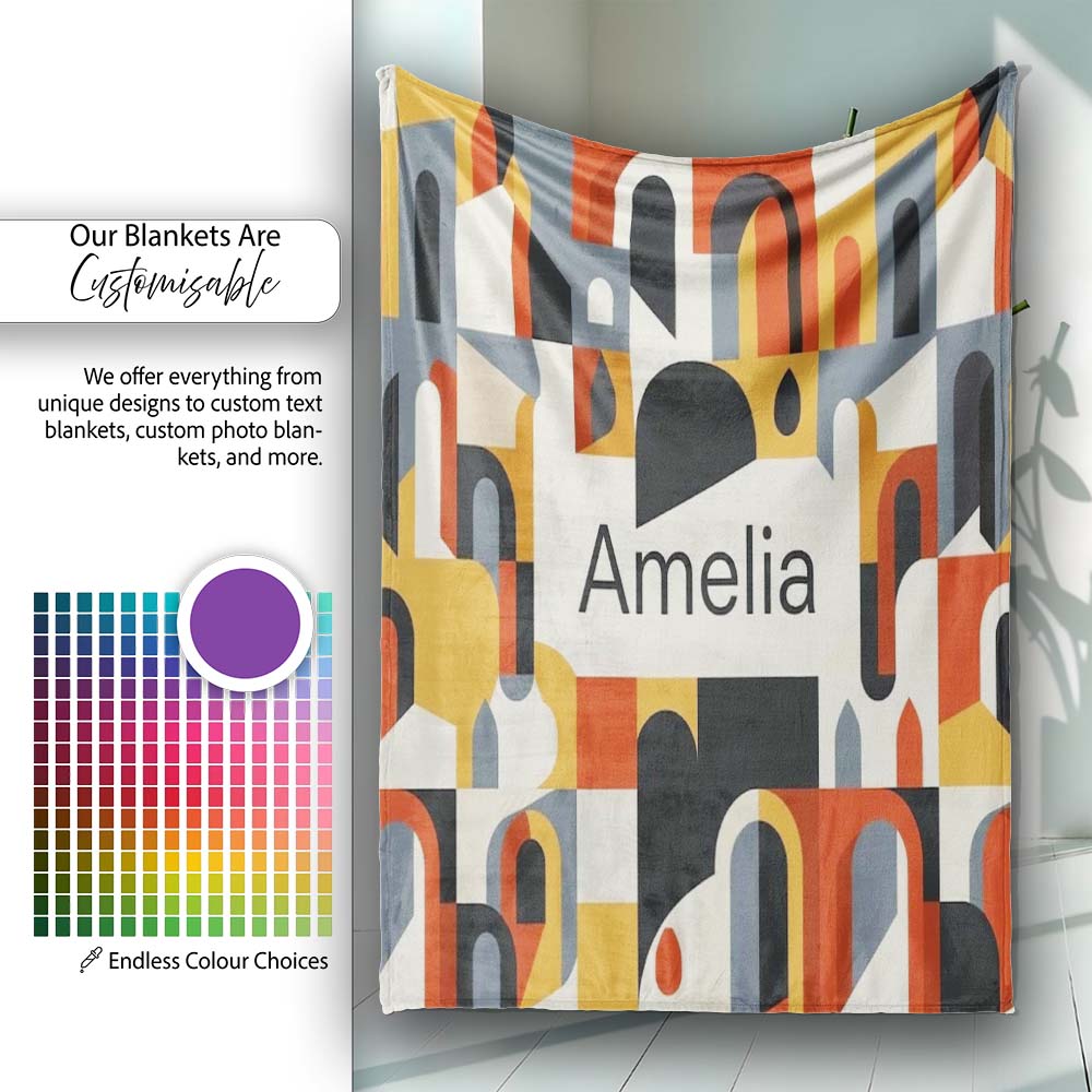 Abstract Rounded Geometric Blocks Colorful Seamless Pattern Name Personalised Custom Name Super Soft Fleece Blanket Bed Sofa Throw