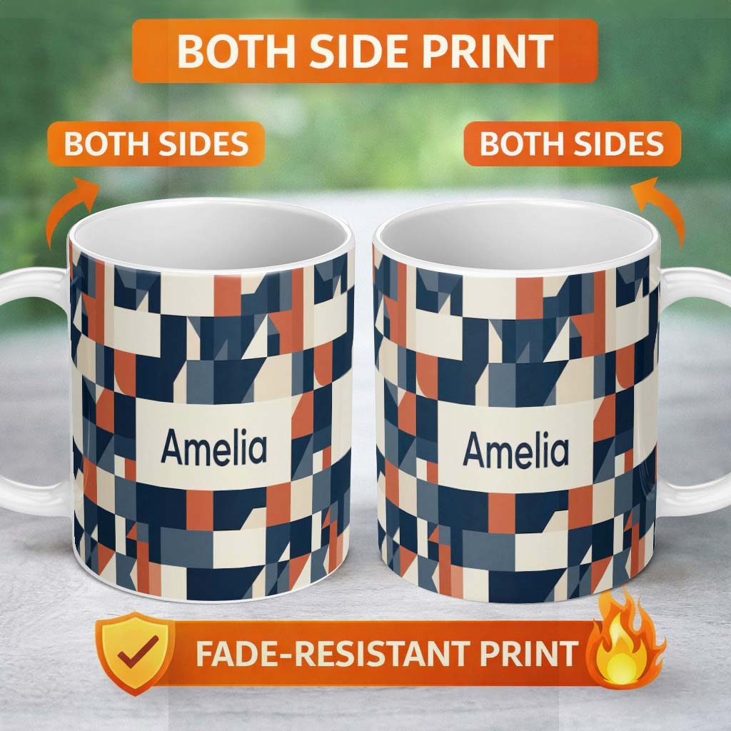 Personalized Custom Name Abstract Geometric Curved Shapes Colorful Seamless Pattern Name Cute 11oz Ceramic Coffee Tea Mug White Large Handle