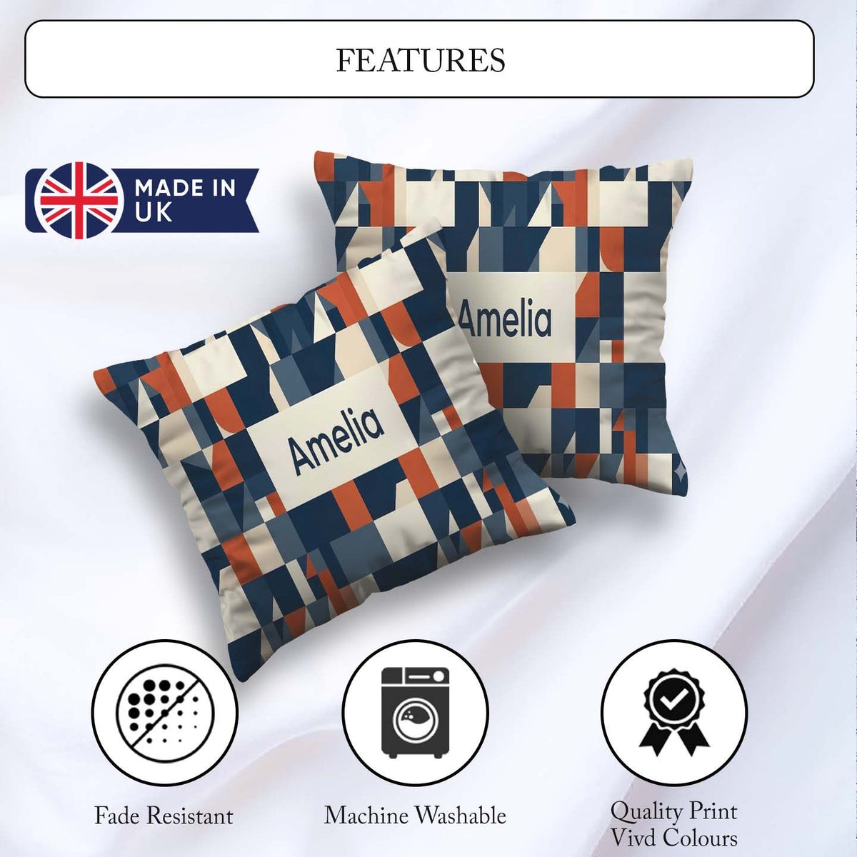 Custom Name Abstract Geometric Curved Colorful Pattern Name Cute Square Filled Cushion Throw Pillow Sofa Bed Home Decor Zip Washable UK Made
