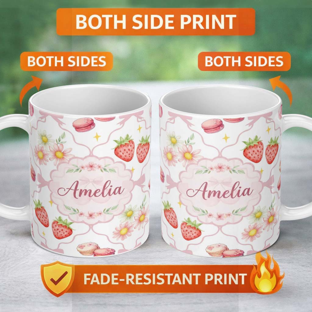 Personalized Custom Name Cute Watercolor Cherry Strawberry Daisy Flowers and Pink Bow White 11oz Ceramic Coffee Tea Mug White Large Handle