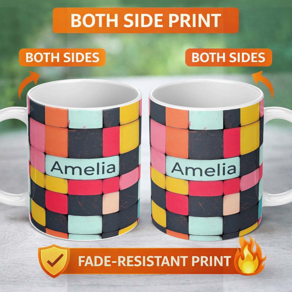 Personalized Custom Name Abstract Textured Square Tiles Color Block Seamless Pattern Name 11oz Ceramic Coffee Tea Mug White Large Handle