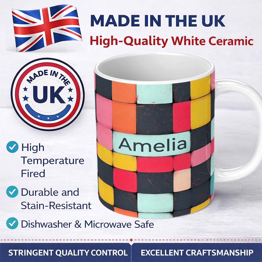 Personalized Custom Name Abstract Textured Square Tiles Color Block Seamless Pattern Name 11oz Ceramic Coffee Tea Mug White Large Handle