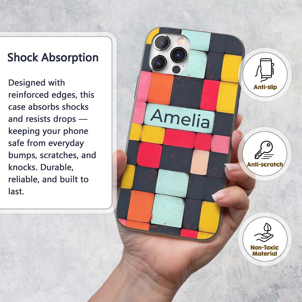 Abstract Textured Square Tiles Printed Design Custom Name Protective Phone Case Mobile Cover Durable Everyday Smartphone Shock Resistant