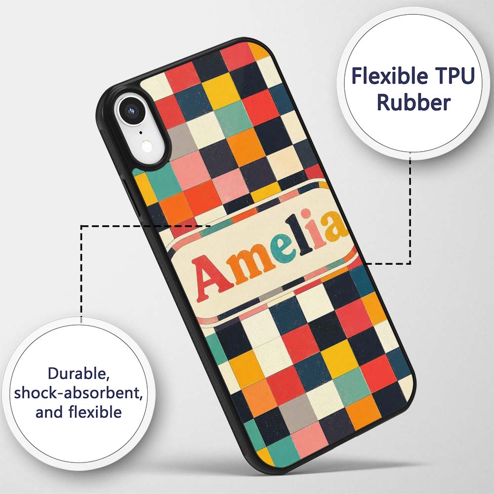 Abstract Vintage Checkerboard Printed Design Custom Name Protective Phone Case Mobile Cover Durable Everyday Smartphone Shock Resistant