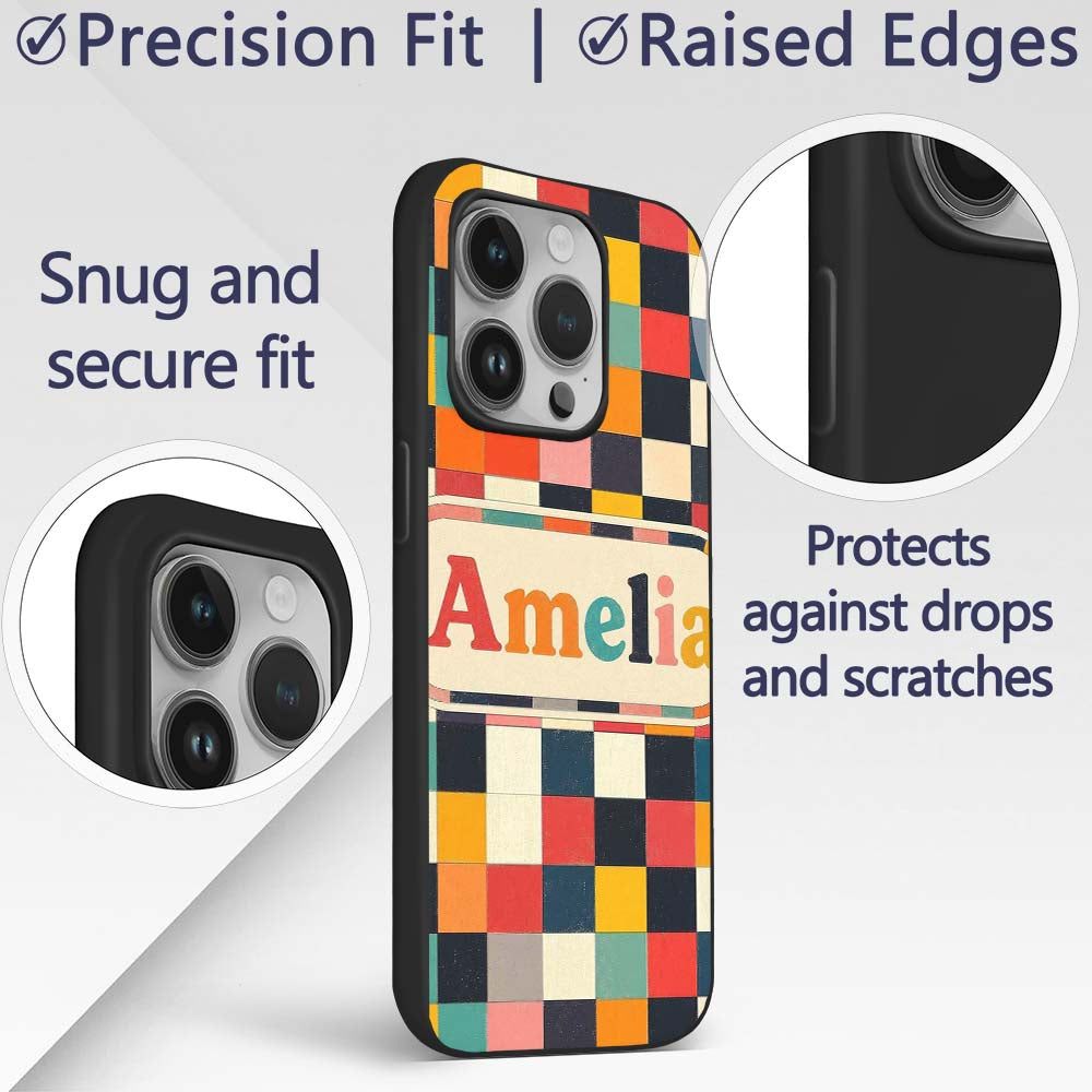 Abstract Vintage Checkerboard Printed Design Custom Name Protective Phone Case Mobile Cover Durable Everyday Smartphone Shock Resistant