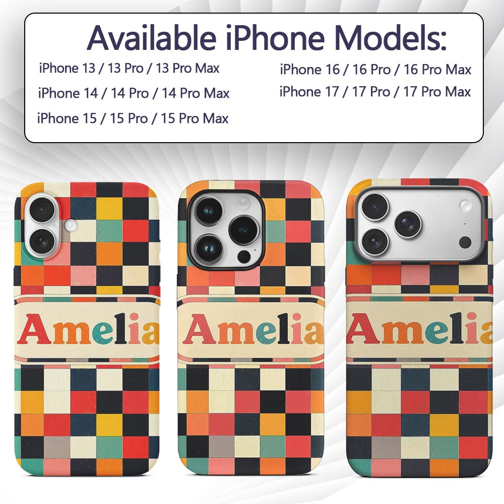 Abstract Vintage Checkerboard Printed Design Custom Name Protective Phone Case Mobile Cover Durable Everyday Smartphone Shock Resistant