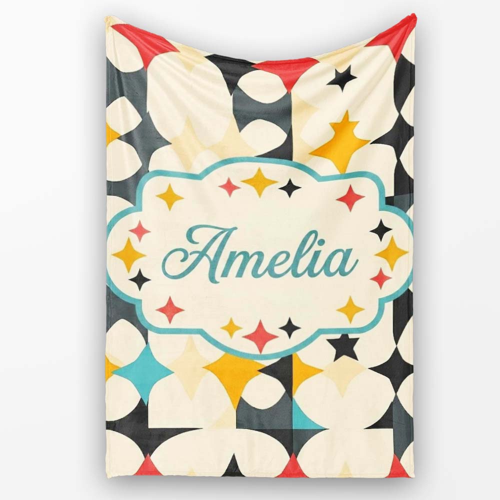 Abstract Floral Star Shapes Mid Century Seamless Pattern Name Cute Personalised Custom Name Super Soft Fleece Blanket Bed Sofa Throw