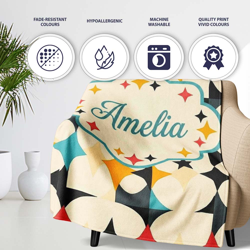 Abstract Floral Star Shapes Mid Century Seamless Pattern Name Cute Personalised Custom Name Super Soft Fleece Blanket Bed Sofa Throw
